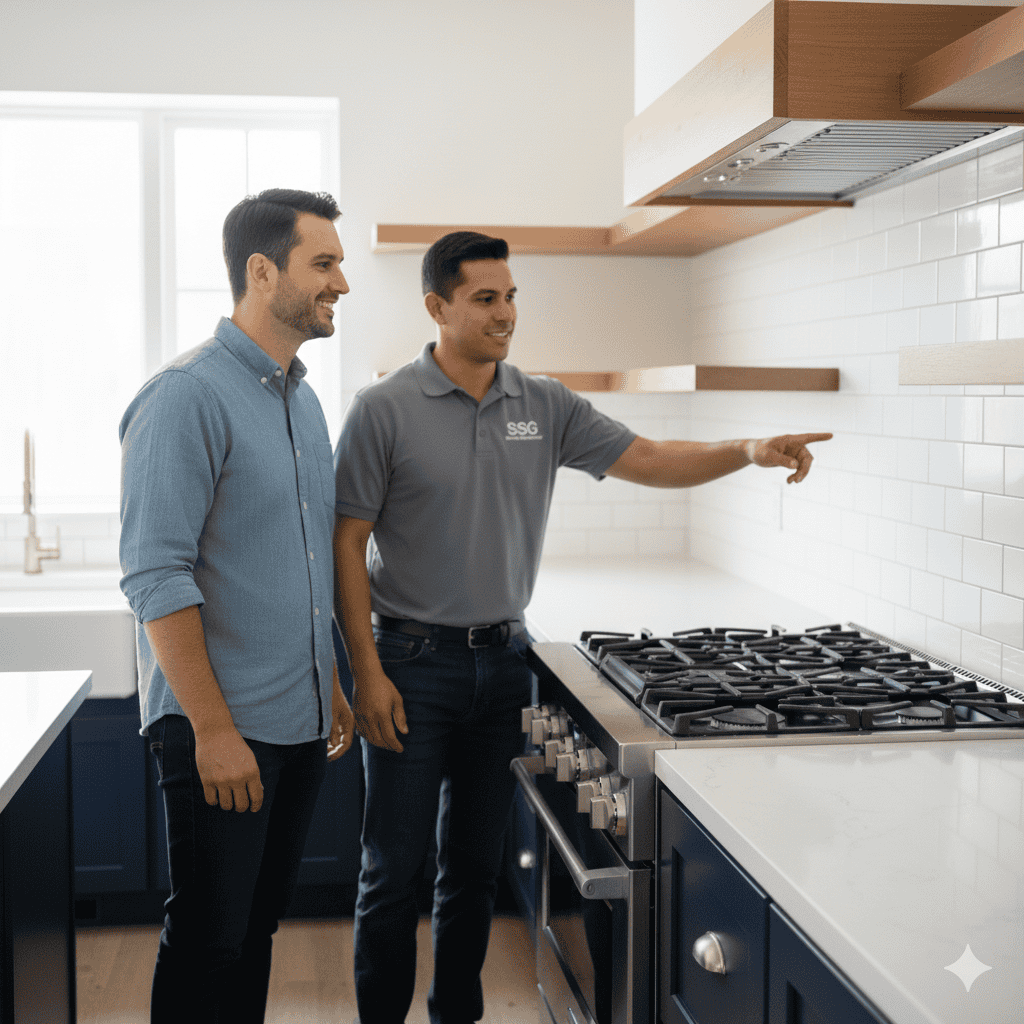 SSG General Maintenance technician discussing kitchen appliance servicing with a client in a modern kitchen setting.