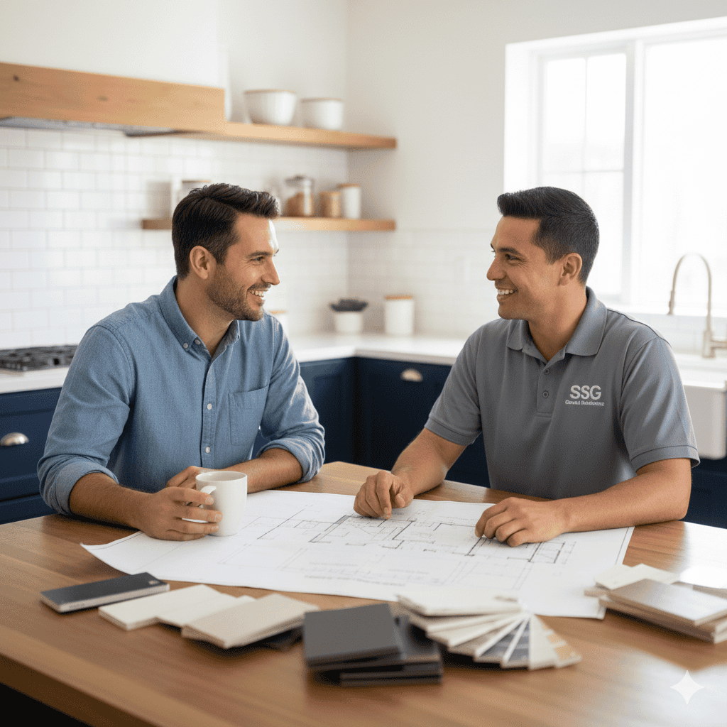 SSG maintenance technician discussing home renovation plans with client in a modern kitchen.